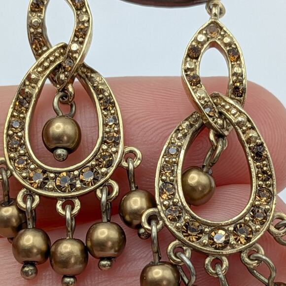 Vintage MONET Faux Pearl Rhinestone Chandelier Dangle Drop Earrings Bronze Tone - Picture 5 of 6